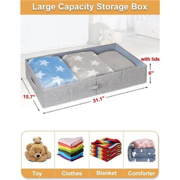Under Bed Storage With Lids, 2 Pack Large Underbed Storage Containers Clothes - Picture 4 of 7